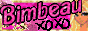 A hot pink glittery button with a golden border reading 'Bimbeau' in the Barbie font. A blonde pixel page doll looks at the viewer and blinks.